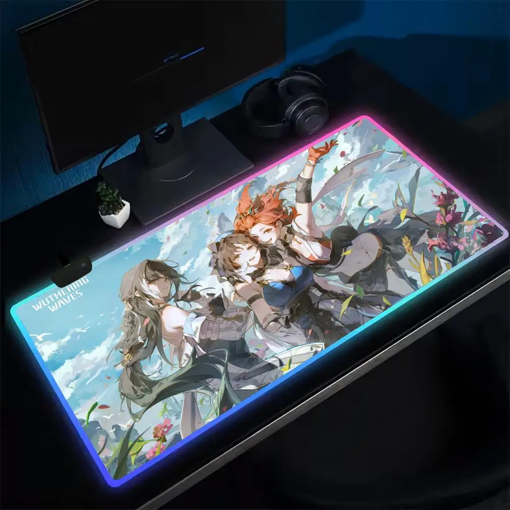 Cute W-Wuthering Waves Mouse Pad Anime Gaming Mouse Pad LED Table Pads Backlit Rubber Desktop XXL Mousepad RGB Desk Mats