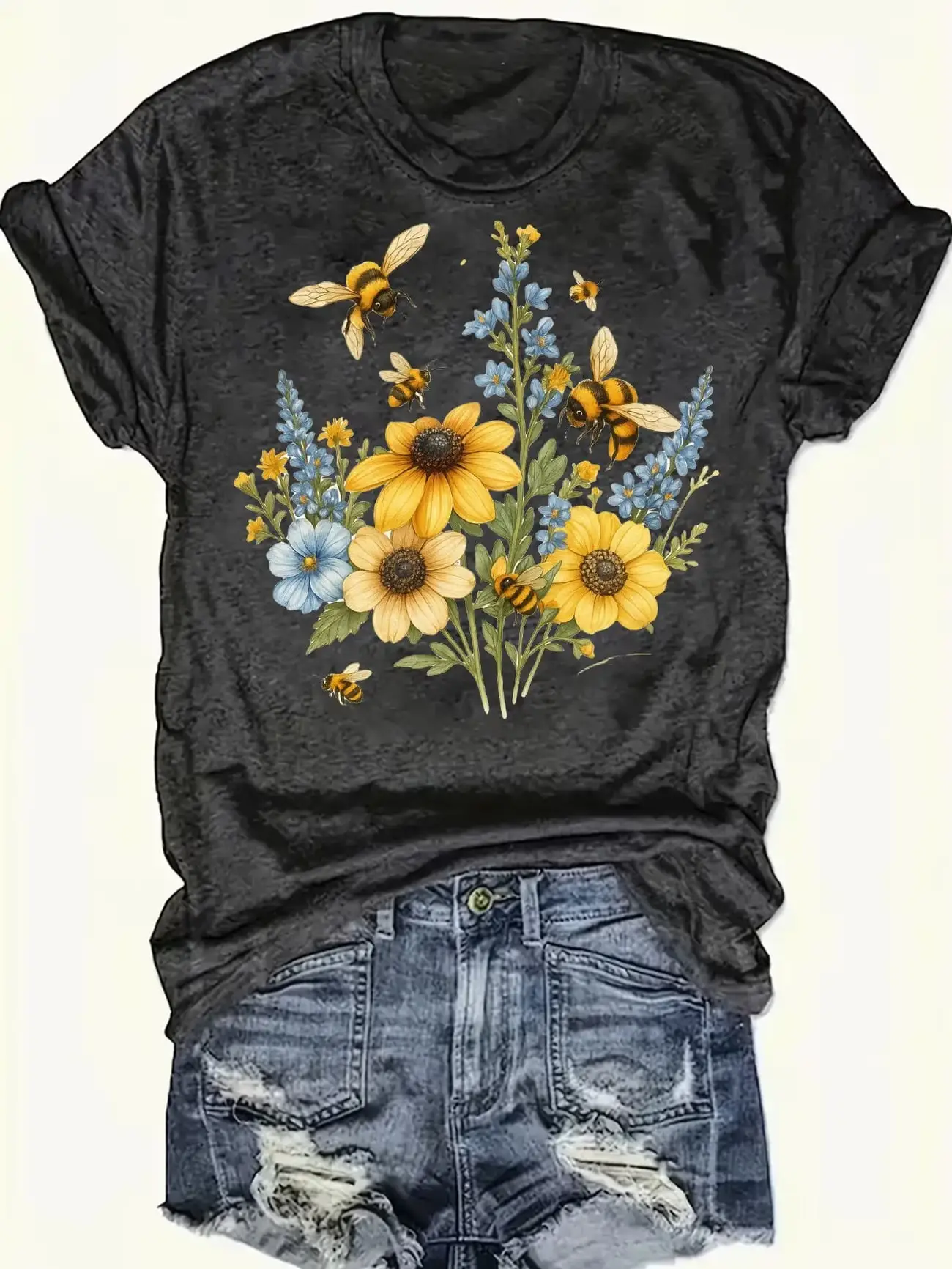 

Plus size women's short sleeve T-shirt Bees Flowers Blue Yellow Green Spring and Summer Must-Haves summer outfits women's