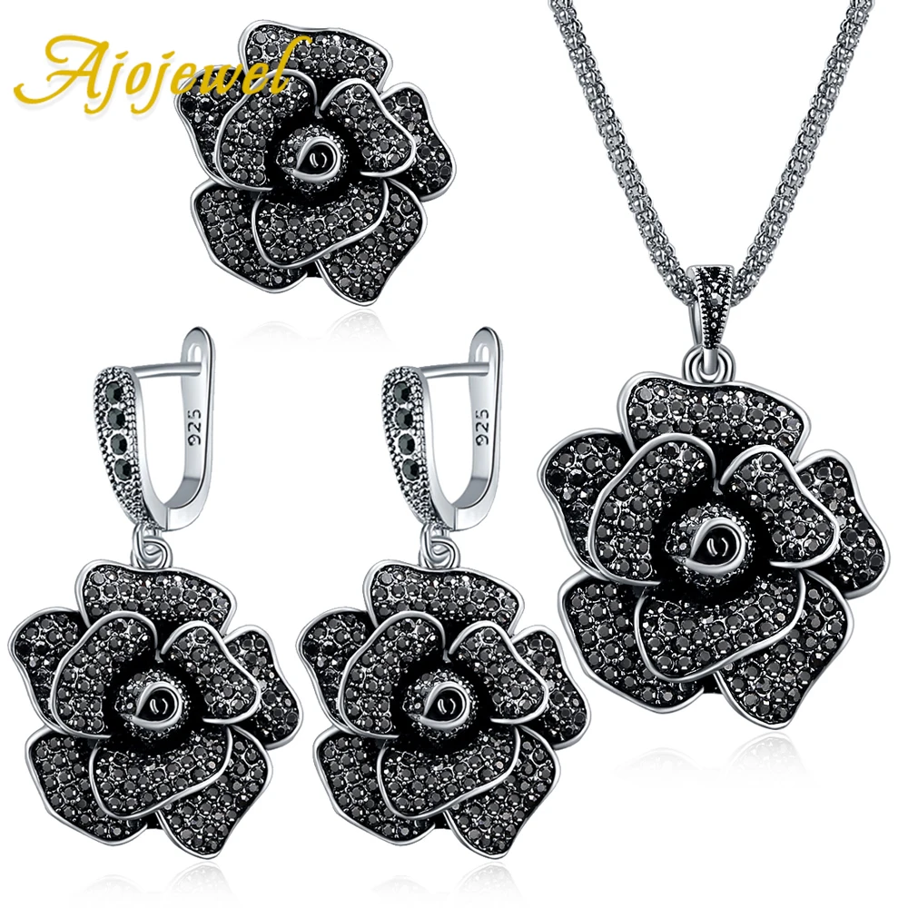 

Ajojewel Black Rhinestone Flower Necklace Ring Earrings Set Large Statement Chunky Jewelry Luxury Gifts