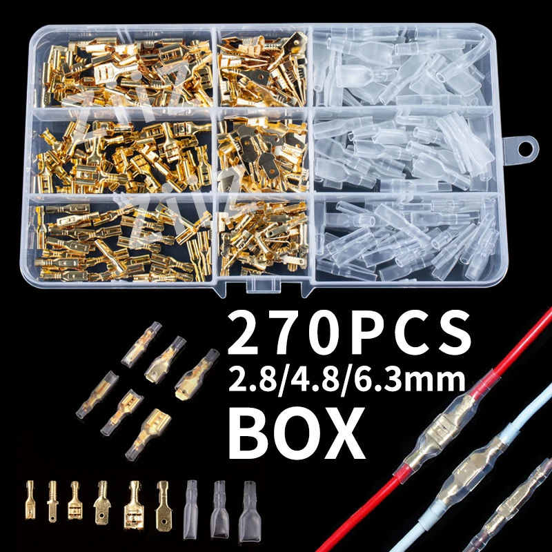 270PCS BOX  Electric Wire Connectors Set 2.8/4.8/6.3mm Female and male Crimp Terminal Connector Gold Brass/Silver Car Speaker