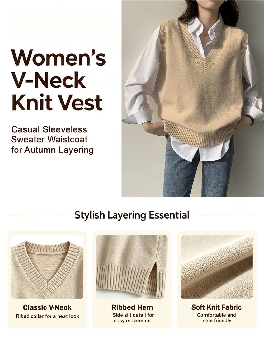 Herbstliche Koreanische Damen-Strickweste, Einfarbig, Lässig, V-Ausschnitt, Khaki-Farbe, Ärmellos, Elegante Oversize-Strickwaren-Weste – Detail 1