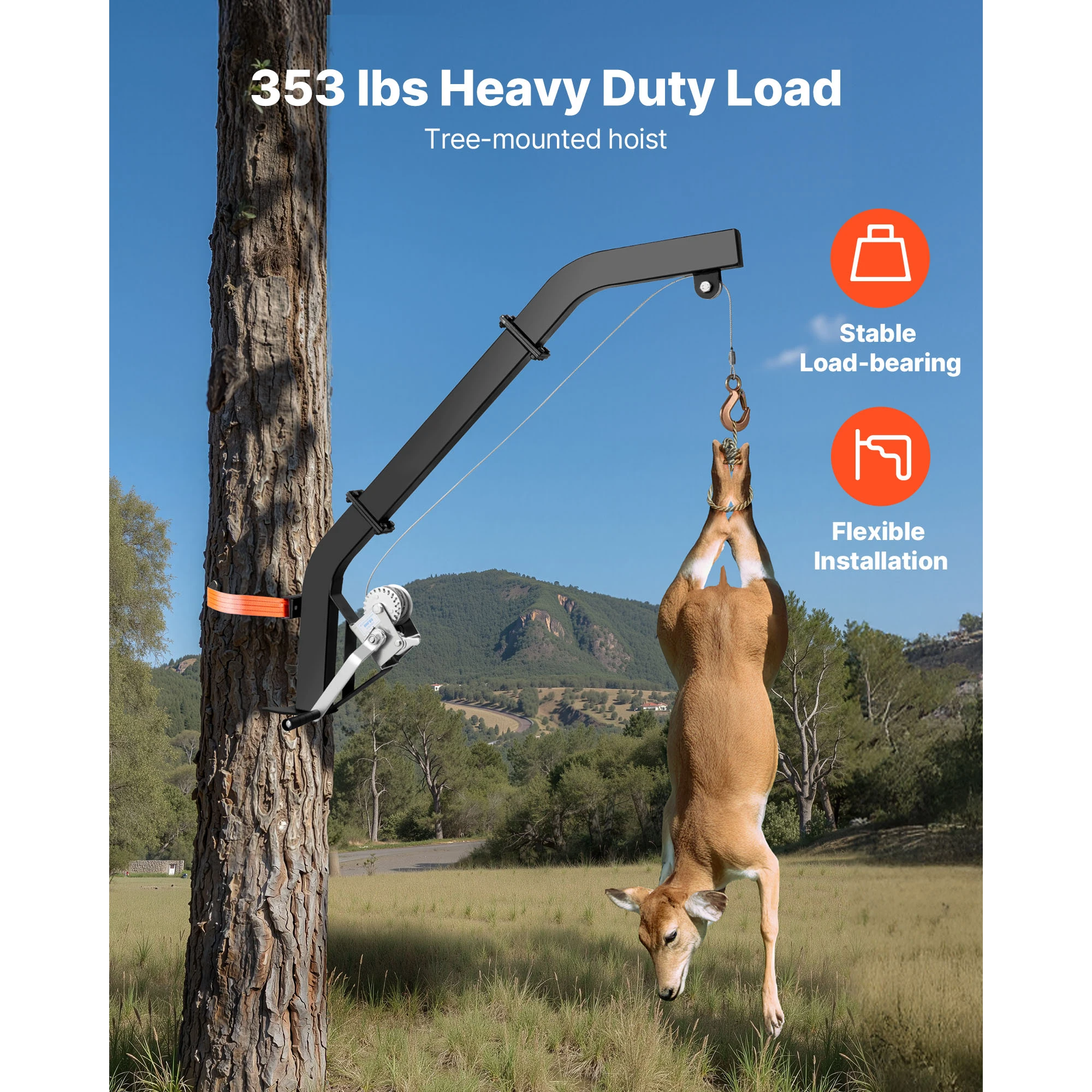 SucceBuy 353Lbs Tree Mounted Deer Hoist Hunting Game Lift Hoist Winch with Ratchet Strap  Deer Hanger for Hanging Feed Dressing
