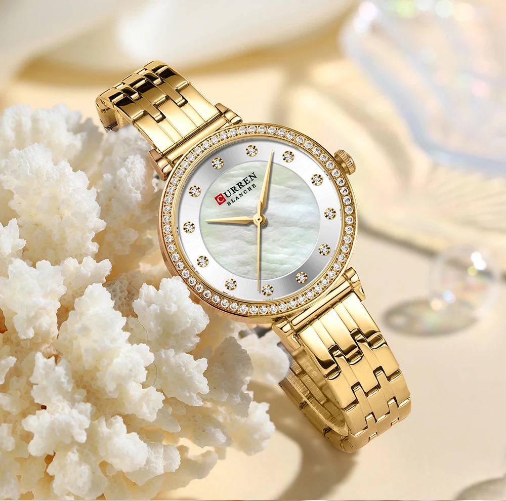 CURREN Elegant Thin Quartz Charming Wristwatches for Women Stainless Steel Band with Shell Dial Shiny Rhinetone Watches