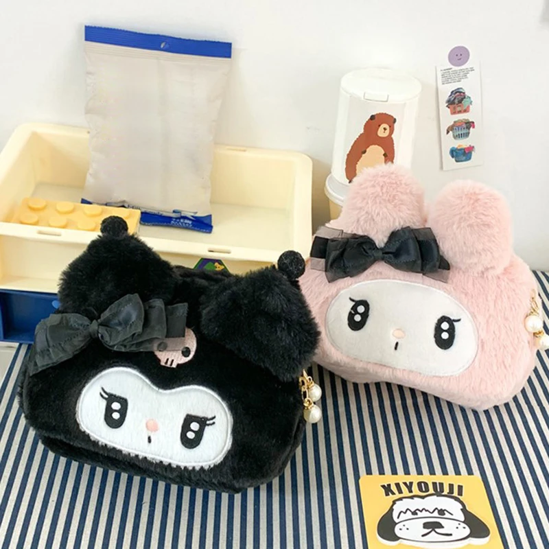 Kawaii Sanrio Plush Kuromi Melody Make Up Cosmetic Bag Cartoon Large Capacity Storage Bags Portable Handbag Girl Gifts