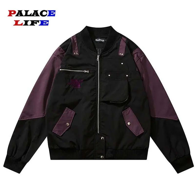 Vintage Patchwork Bomber Jacket Y2K Streetwear Hip Hop Multi Zipper Pockets Varsity Baseball Coats 2023 Fashion Casual Jackets