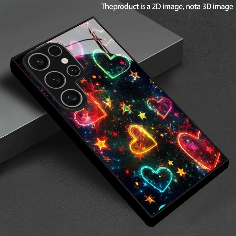Neon Heart Pattern 2D Phone Case for Samsung S26 S25 S24 S23 S22 S21 S20 A56 A36 A16 - Glass Protective Cover