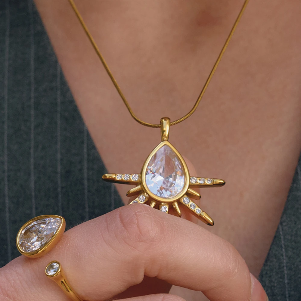 YHTOT Minimalist Water Drop Zircon Pendant Necklace Stainless Steel Sun Necklace Women's Jewelry Valentine's Day Gift