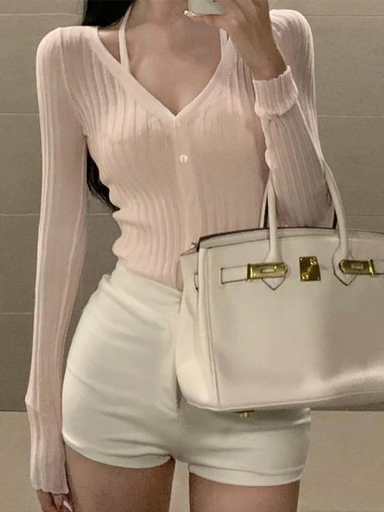 Thin Halter T Shirts Women Korean Style Knitted Tees Ladies Autumn Sexy Long Sleeve Cropped Slim Fit Cardigan Tops Female