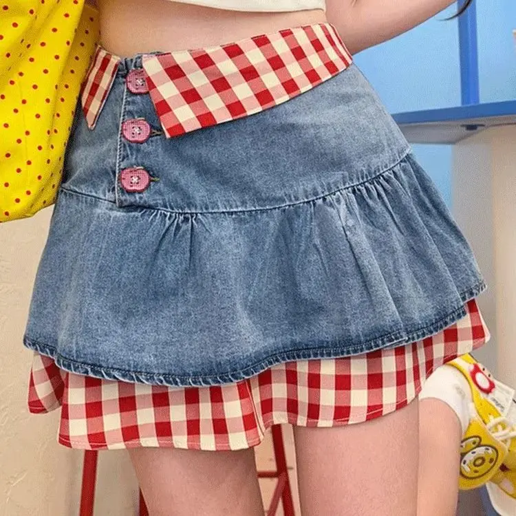 

Japan American Fake Two-Piece Design Denim Skirt For Women Summer Y2k Hot Girl Slimming Short A-Line Short Skirt