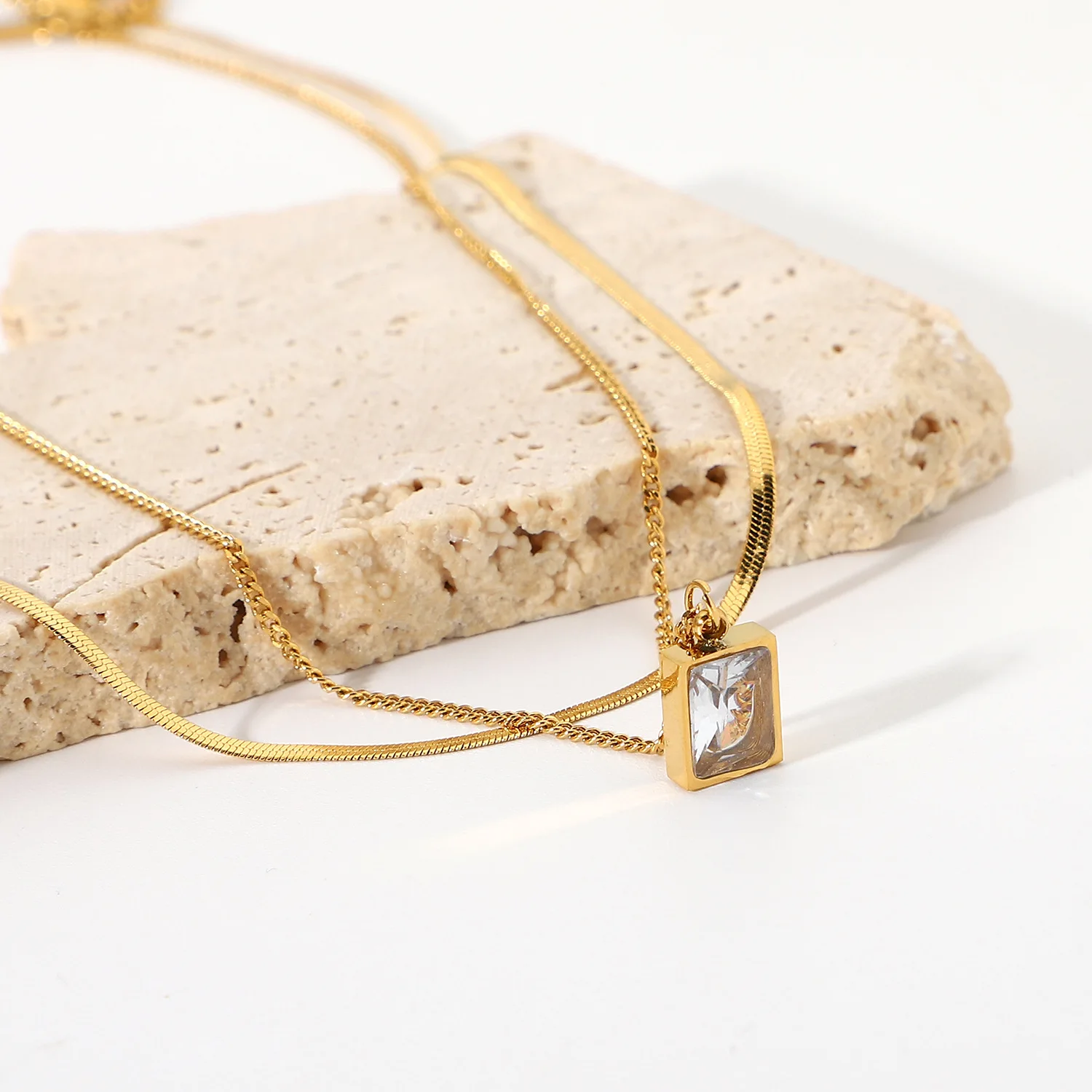 Stainless Steel PVD 18K Gold Plated Tarnish Snake Chain Square Crystal Pendant Necklace  For Woman Jewelry Wholesale 2023 Trendy