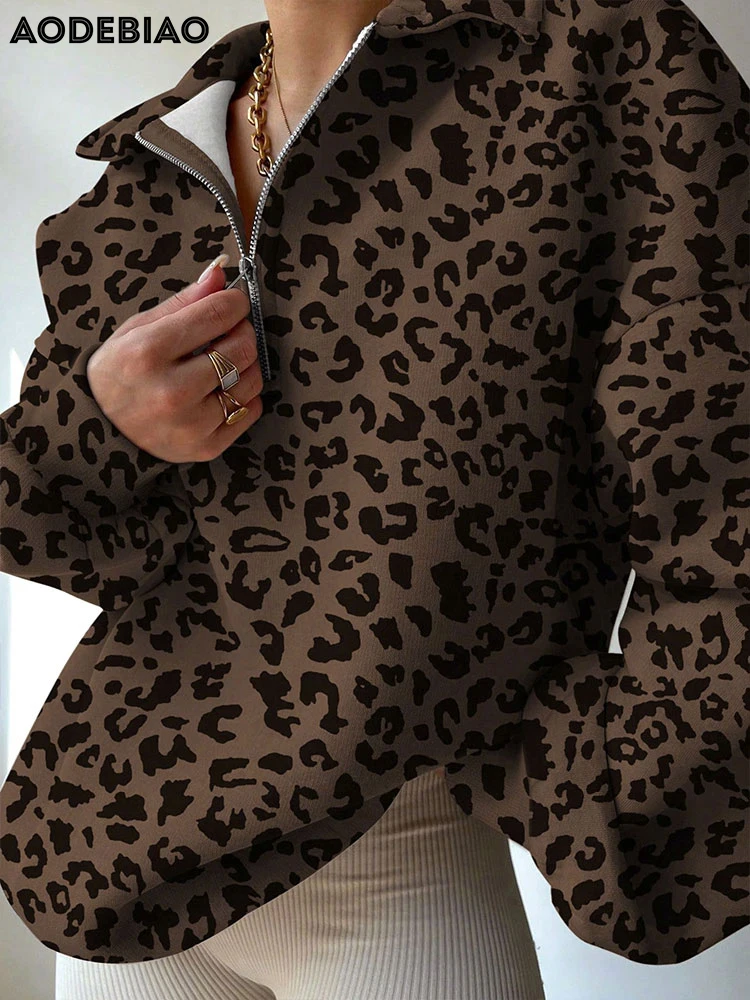 AODEBIAO Leopard Print Hoodie Women Coat Autumn Long Sleeves Fashion Turn-Down Collar Hoodie Casual Loose Hoodie Lady Streetwear