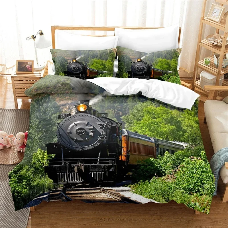 Steam Engine Duvet Cover Queen Retro Train Bedding Set Microfiber Rail Road Comforter Cover Country Locomotive Bedspread Cover