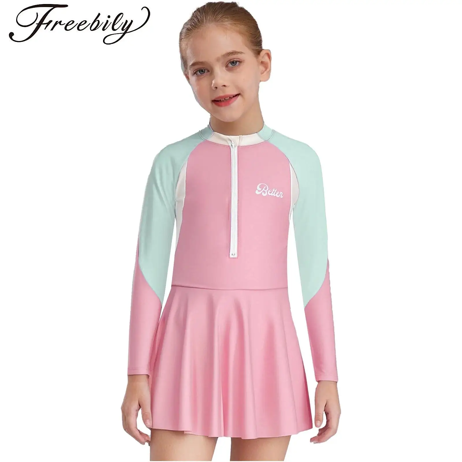 

Girls Sweet Sun Protection Bathing Suit Rash Guard Swimsuit Long Sleeve Top Color Block Dress Drawstring Shorts Beach Swimwear