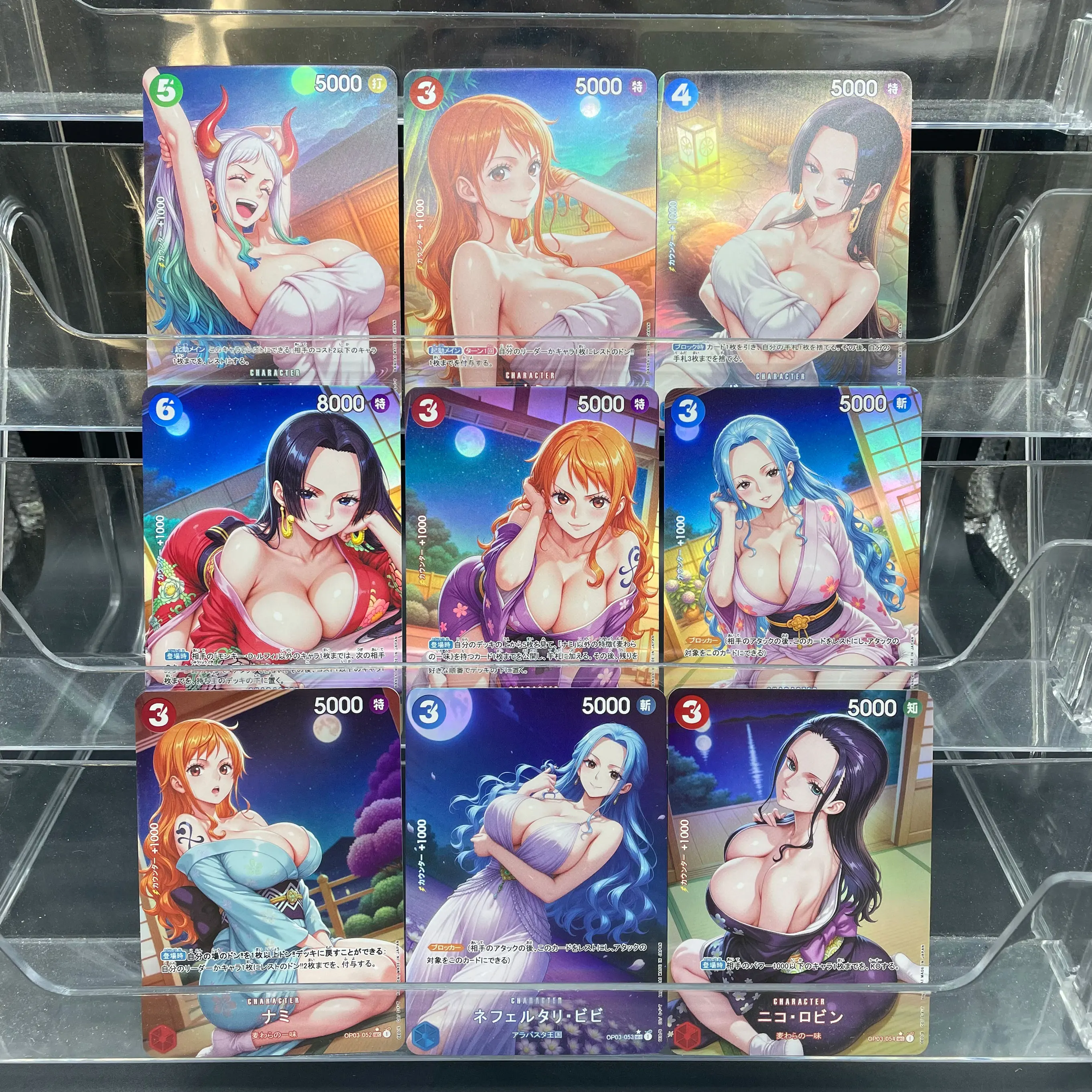 

9Pcs/set DIY Color Flash OPCG Moonlit Hot Spring Nami Boa Hancock Nico Robin Vivi Japanese Yukata Doujin One Piece Trading Cards
