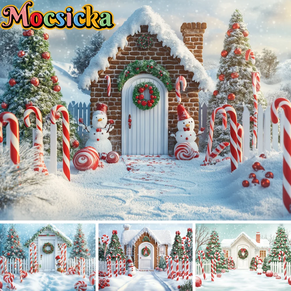 Christmas Candy Cottage Photography Backdrop Snowy House Snowman Candy Cane Xmas Tree Snow Scene Background Holiday Photo Props