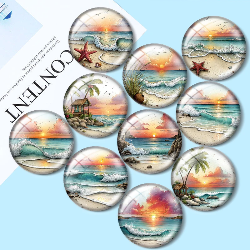 Watercolor Beach Sunset  12/18/20/25mm glass cabochon  bracelet pendant rings for jewelry demo earrings back Making findings
