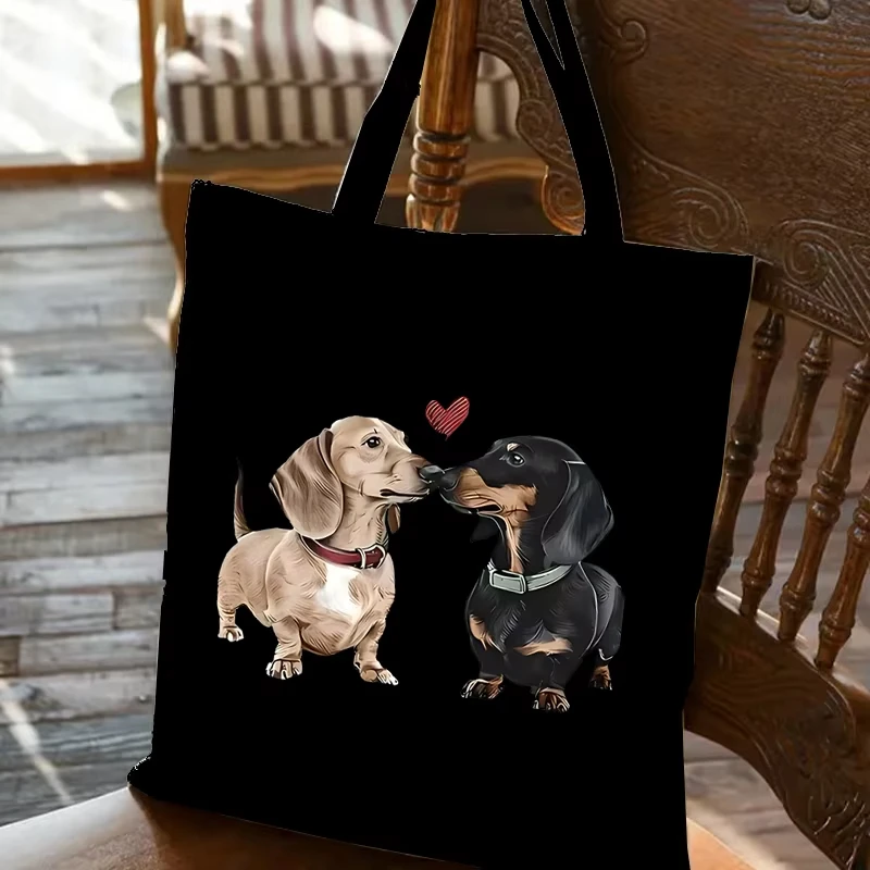 European and American Style Cute Sausage Dog Printed Canvas Tote Bag, Large Capacity Tote Bag, Commuting Simple Canvas Bag