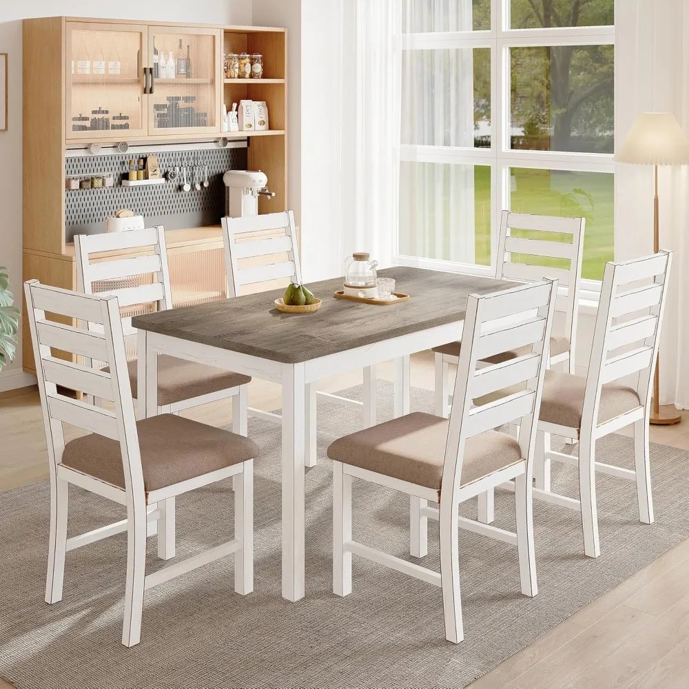 

59" Dining Table Set Farmhouse Rectangular White Kitchen Room Table & Chairs Set Solid Wood Stable Space Saving Easy Clean (6 Ch