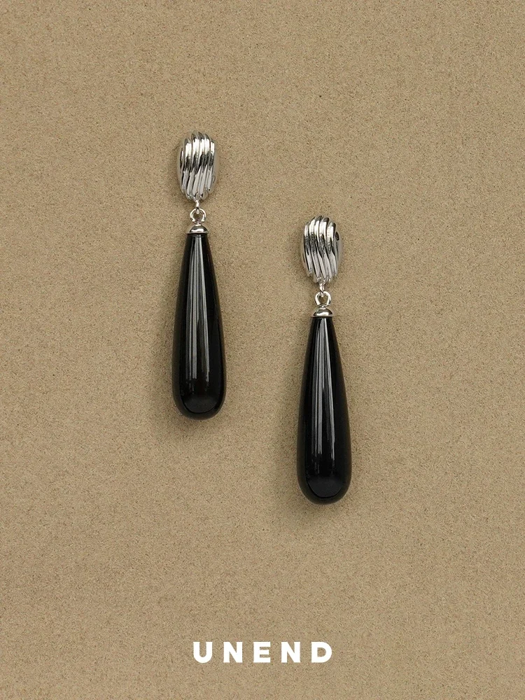 Water Drop Black Agate Earrings, Sterling Silver Green Dongling Niche Original Design Temperament Earrings