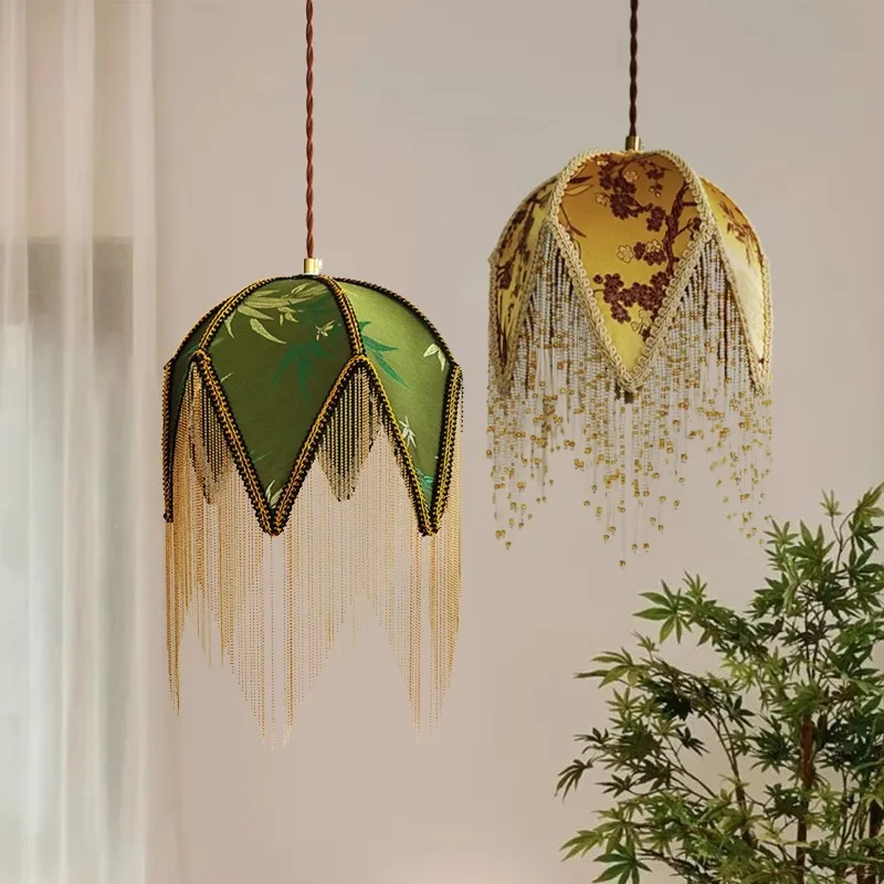 

American Vintage Tassel Fabric LED Pendant Lights Restaurant Homestay Bedroom Bedside Study Coffee Shop Atmosphere Hanging Lamps
