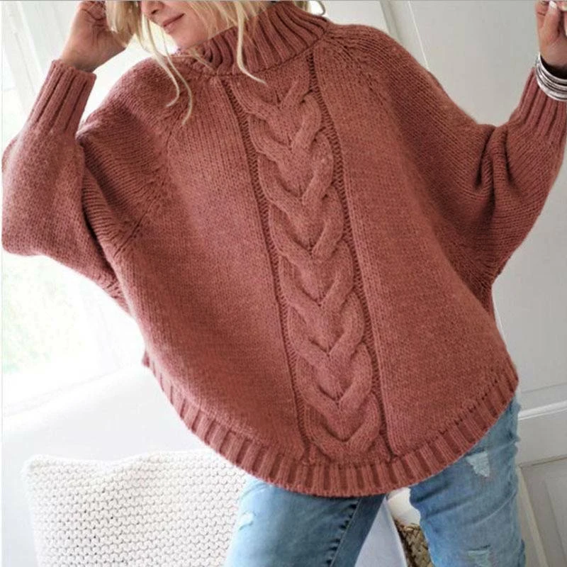 Vintage Cape Coat Autumn Winter Warm Batwing Sleeve Cape Coat Women Turtleneck Knit Sweater Poncho Coat