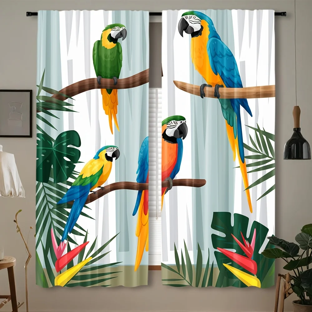 Tropical Parrot Curtain, Colorful Macaw Bird Window Drape, Jungle Leaf Blackout Panel, Living Room Bedroom Home Decor