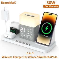 BezosMax 6 in 1 Wireless Charging Station with Bluetooth TimeSync/Night Light Fast Charger 30W Adapter Compatible with iPhone