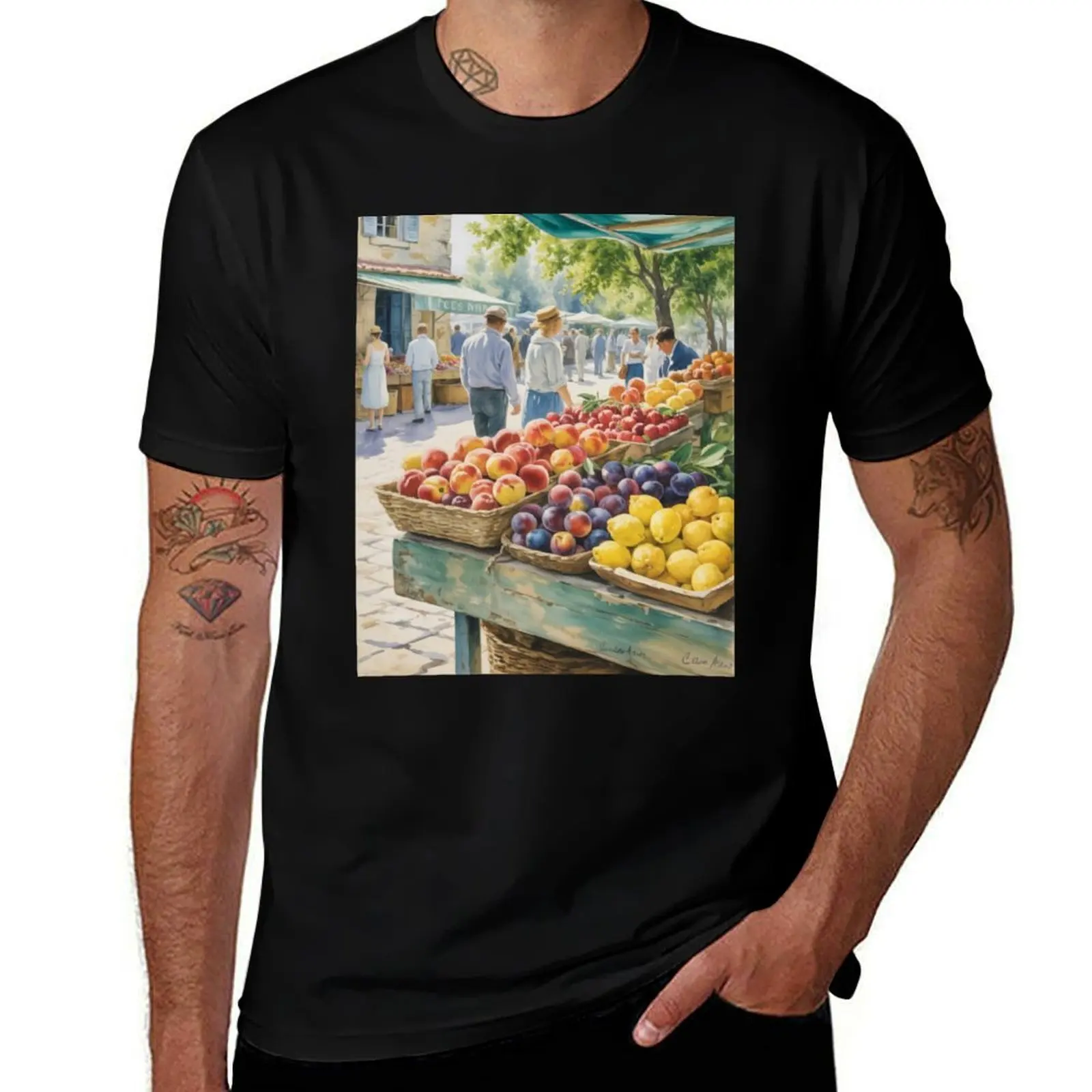 

Provence Market Scene – French Watercolor Art Print T-Shirt Anime t-shirt graphic shirts funny shirt cotton Men's t shirts