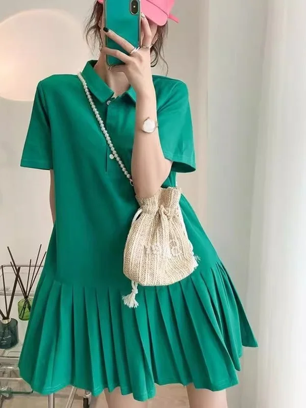 Jupe mi-longue ample à col Dr pour femmes, T-shirt ort Sve, grande taille, étudiante Faion, ligne a plissée coréenne, été