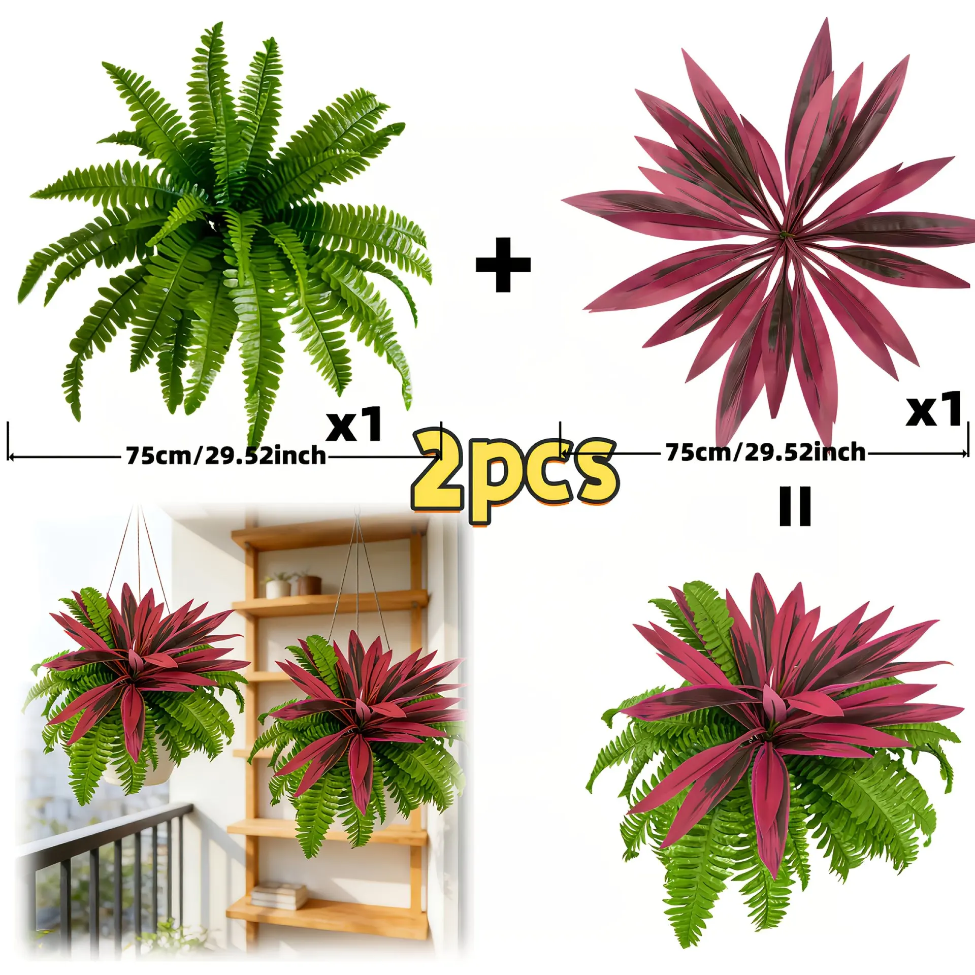 Rote Aroiden-Pflanze (Alocasia) mit Künstlichem Asplenium-Farn, Künstliches Grün für Zuhause, Büro, Balkon, Terrasse, Veranda und Garten – Detail 4