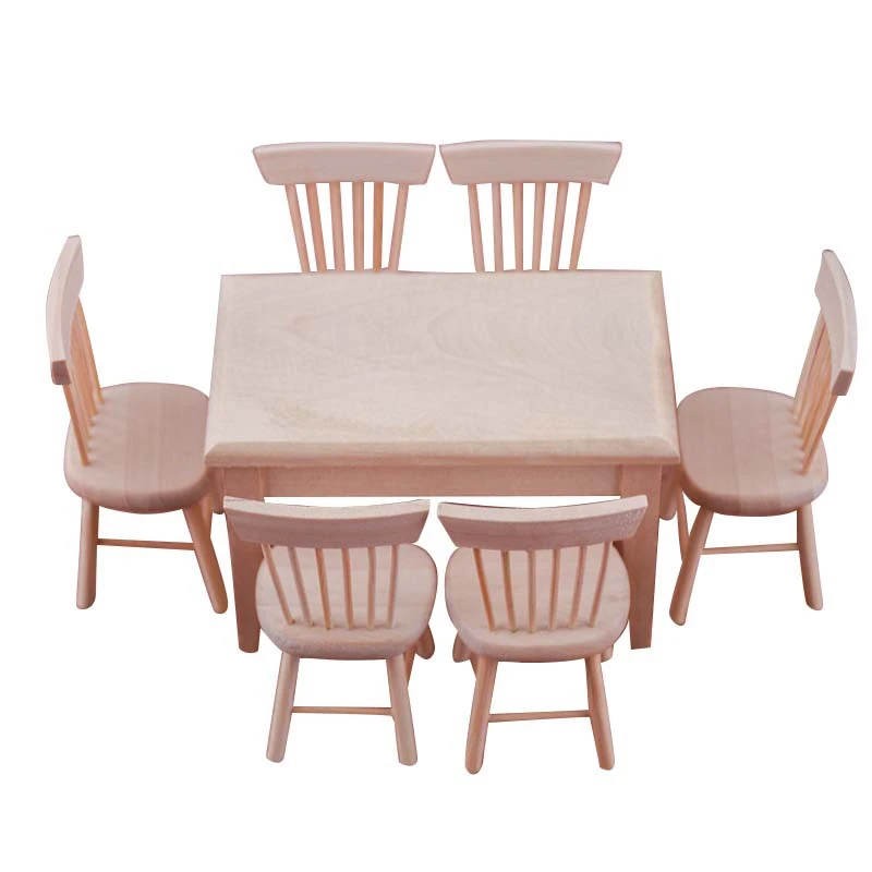 7Pcs/Set Miniature Dining Table Chair Model 1:12 Miniature Dollhouse Wooden Furniture Toy Set