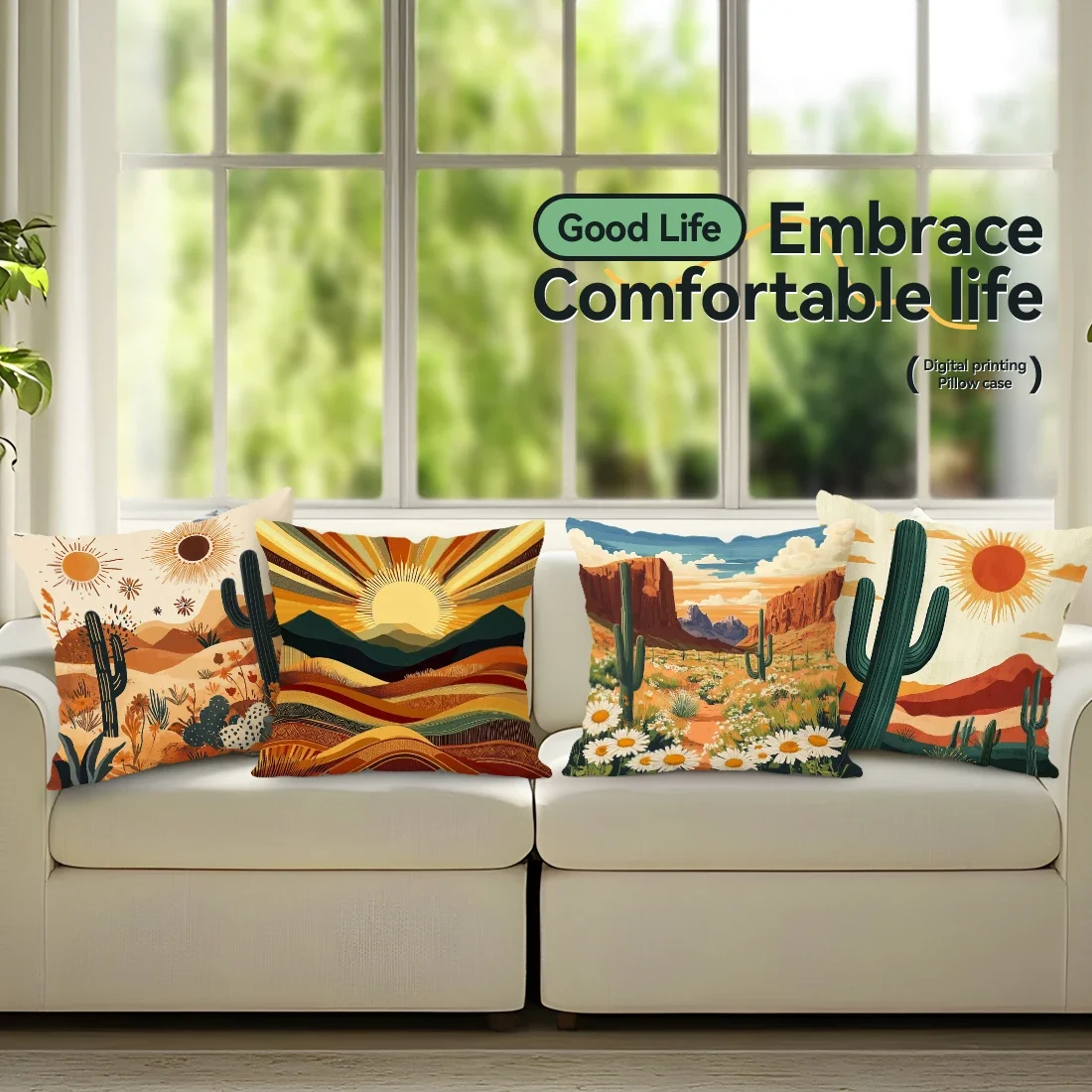 

4 шт. чехла для подушек с односторонним принтом в стиле бохо с изображением пустынных кактусов, подходят для украшения гостиной, спальни, автомобиля.