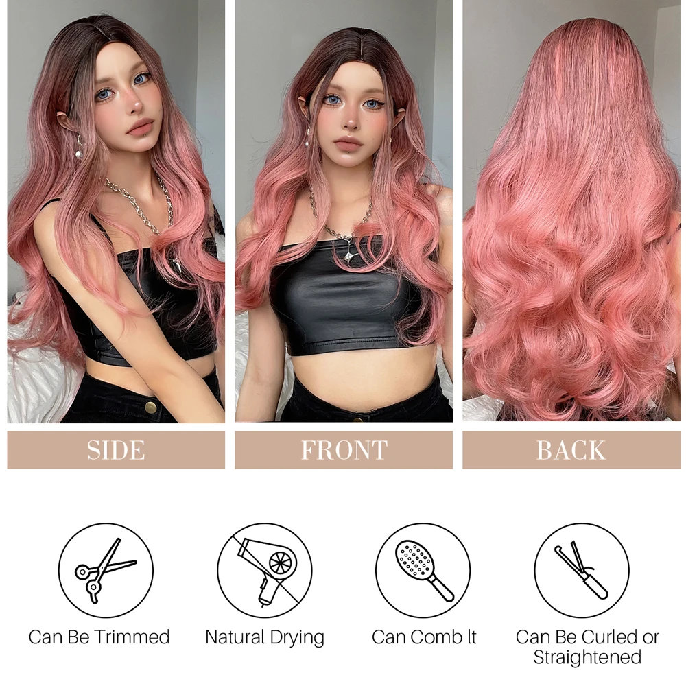 Middle Part Ombre Pink Synthetic Wig Long Wavy Natural Hair Wigs for White Women Pink Cosplay Party Lolita Wig Heat Resistant