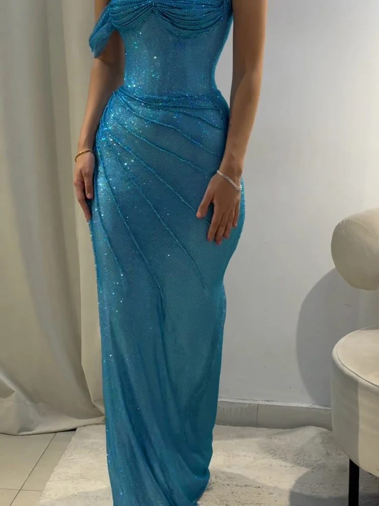 Vestidos de noite sereia sem alças azuis VC para mulheres – vestido maxi bodycon com glitter elegante vestido de baile de festa