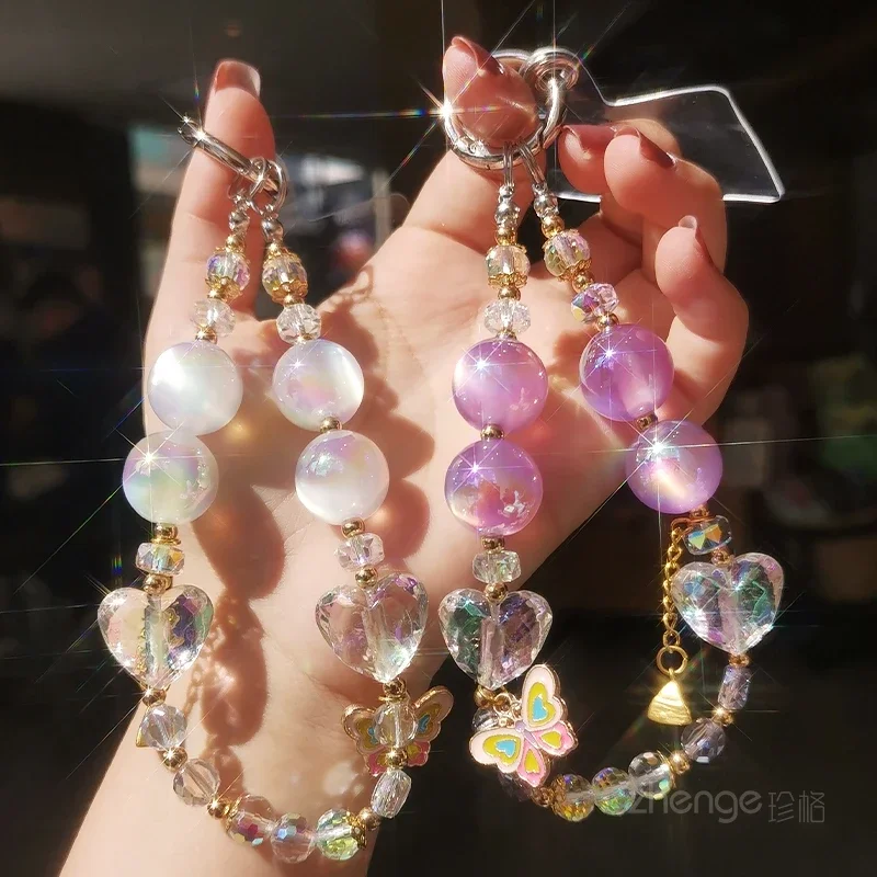 

Изысканный браслет из хрустальных бусин ручной работы с бабочкой и любовью, короткая ручная бусина для мобильного телефона, подвесная веревка