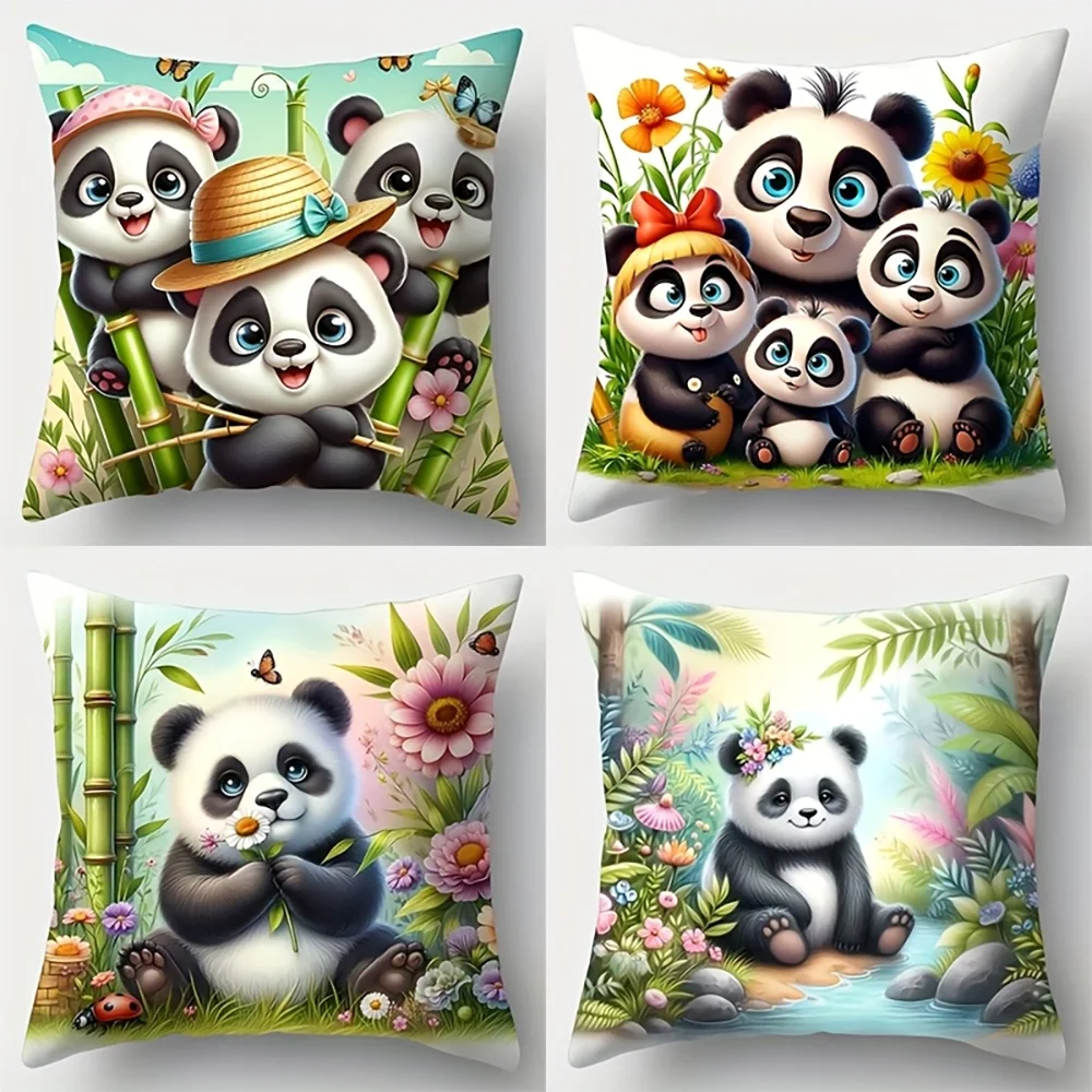 1pc Cute Cartoon Panda Throw Pillow Covers Home Decor for Living Room Bedroom Sofa 2D Flat Printing Machine Washable
