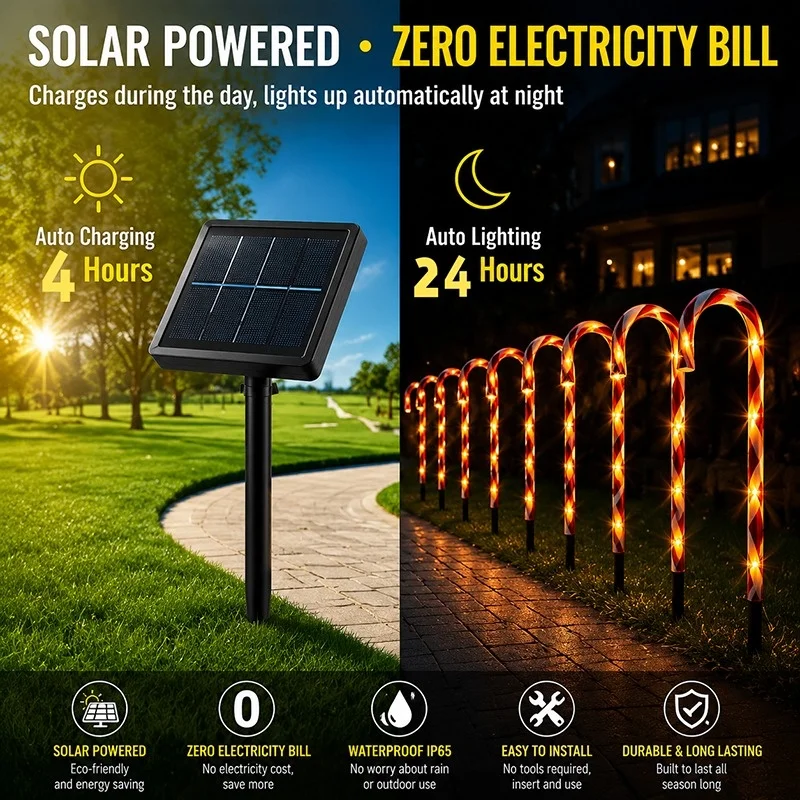 5Pcs Solar-Powered LED Cane-Like Stick Lights Outdoor Candy Lawn Lamp Christmas Party DIY Decoration Light For Garden Lawn