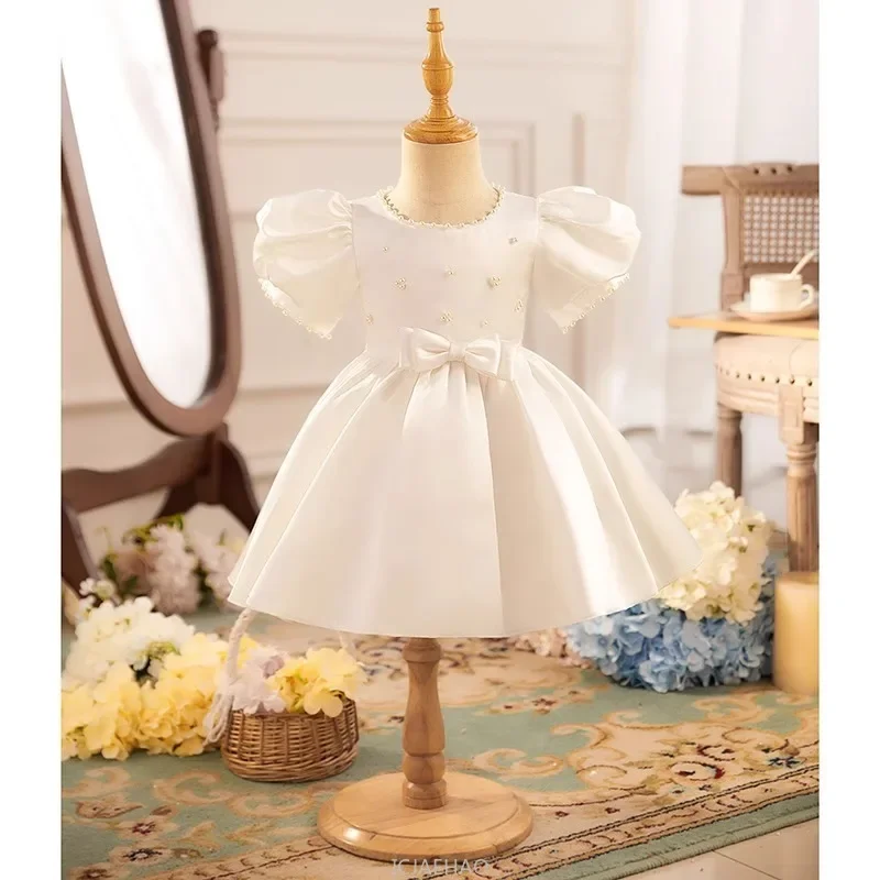 Party Dress 2025 Kids White Satin Children Piano Host Recital Competition Outfit Girls Birthday Princess Dresses Flower Girl