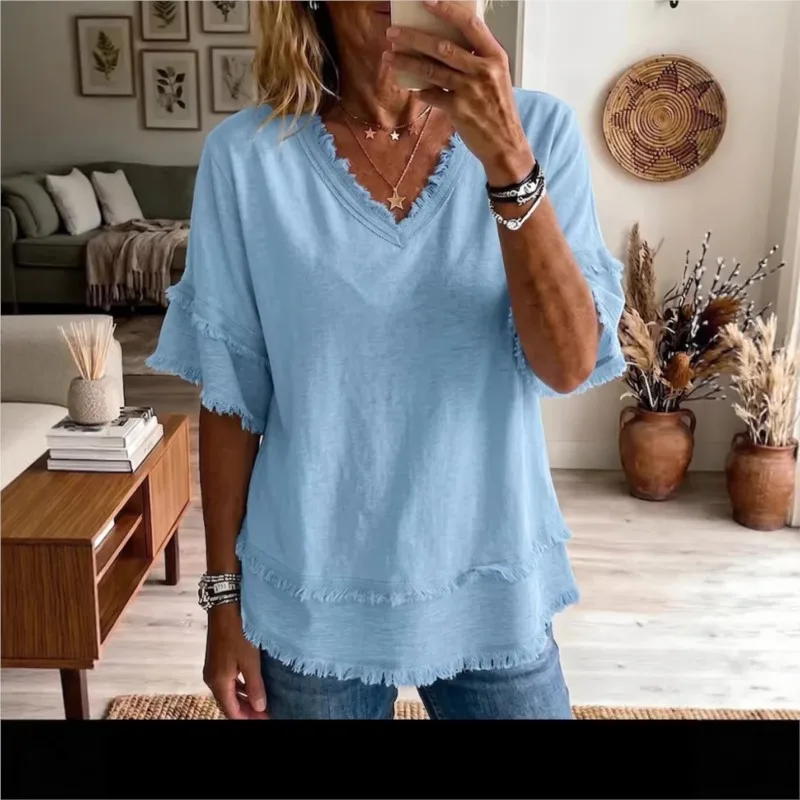 2026 New Summer Women's Tops V Tie With Rough Edges Casual Loose Fashionable Comfortable Unique Niche Simple And Versatile Tops