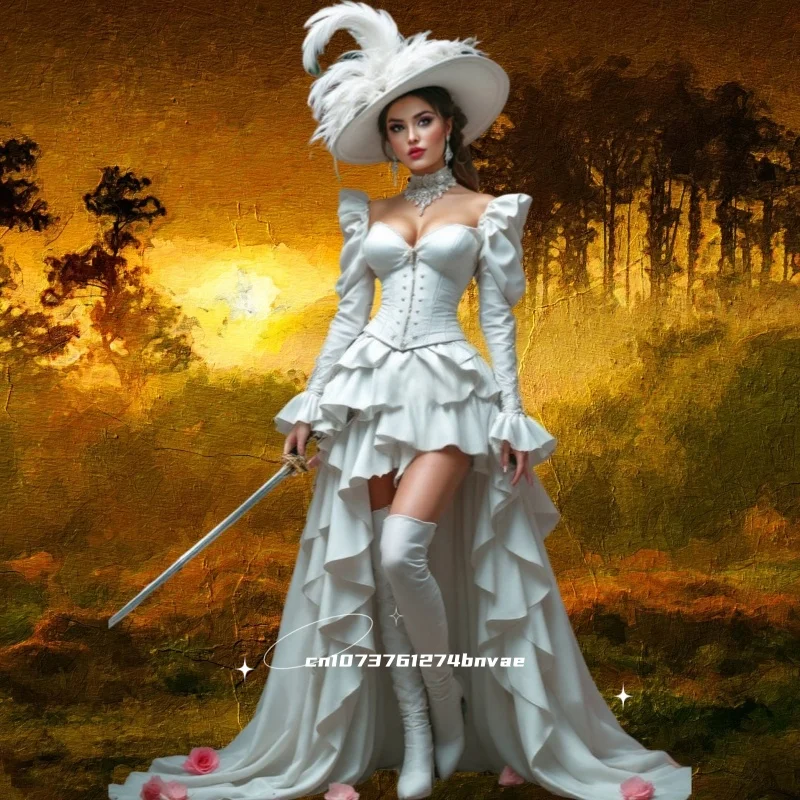 Vintage Steampunk Korsett Ballkleid Lange Ärmel High Low Weiß Viktorianisches Abendkleid Maßgeschneiderte Damen Kleidung für besondere Anlässe