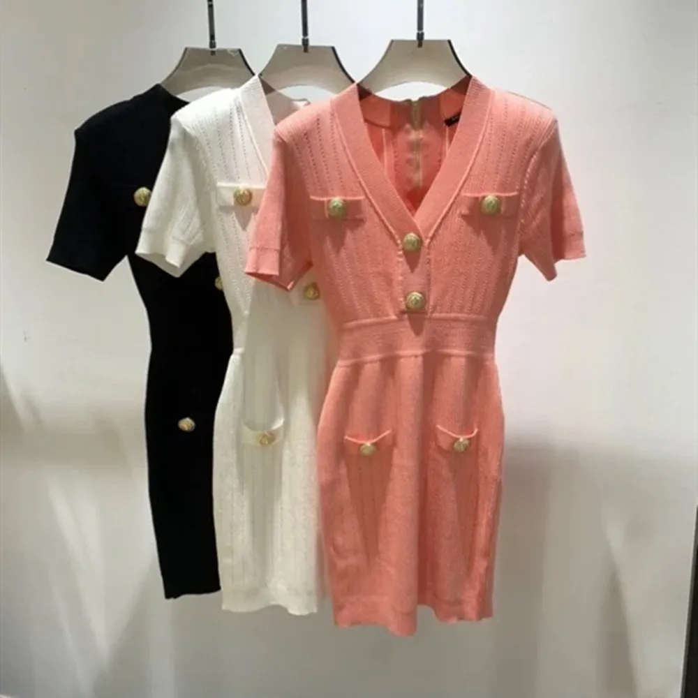 กระโปรงไหมพรมถักทรงวีเอวสูงเข้ารูปสำหรับผู้หญิงตัวเล็ก สไตล์ปารีส แฟชั่นฤดูร้อนสำหรับสุภาพสตรี