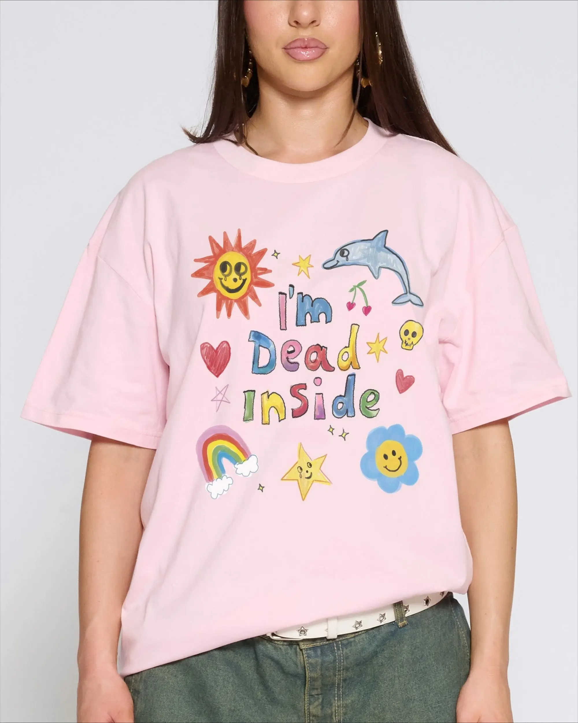 Cute Doodle Graphic Tee Fashion Y2k Tops I'm Dead Inside T-Shirt Colorful Happy Sad Streetwear Casual Loose Oversized Top Unisec