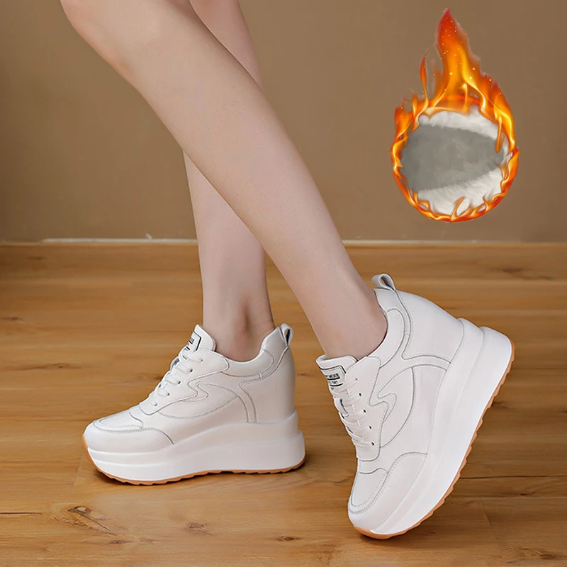 

2025 Winter Shoes Women Fashion Boots Genuine Leather Height Increasing 10cm Ankle Boots Platform Warm Plush Black White D565
