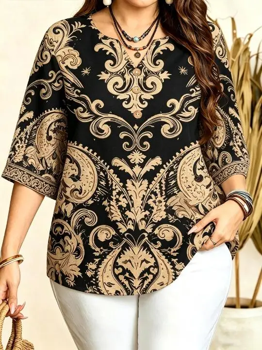 Women Vintage Baroque Paisley Print Blouse Notched Neck 3/4 Sleeve Loose Fit For Curvy Figures Daily Casual Ladies Tops