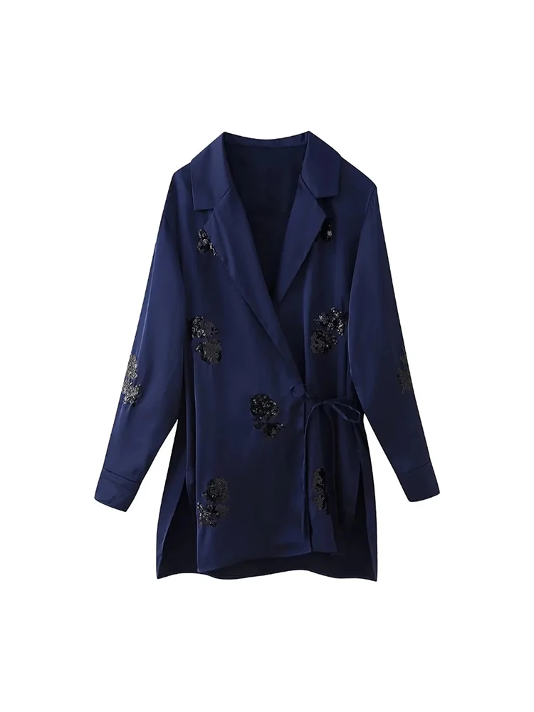 

Ladies Fashion Shiny Sequins Decoration Blue Long Blazer Outwear Womens Elegant Satin Feeling Side Knotted Long Jacket