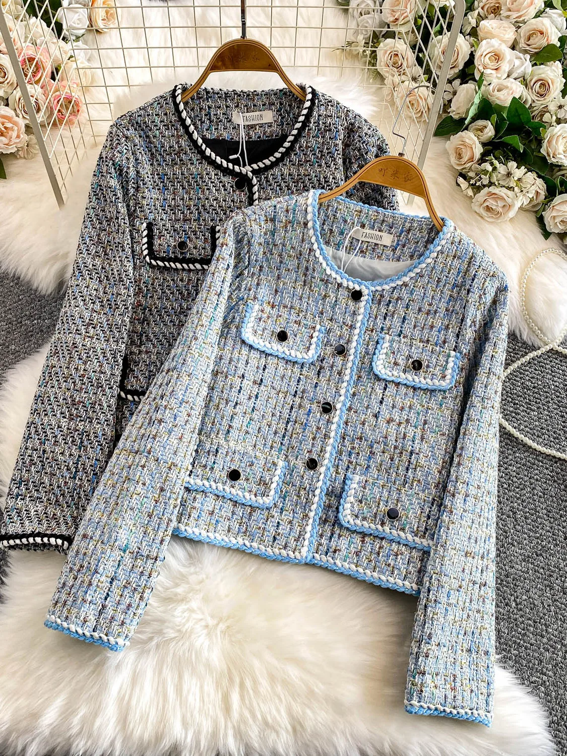 

Anti-Aging ort Coat Jaet Women's round Ne Long Sve Knitted Top Faionable Autumn Winter Blue Outerwear