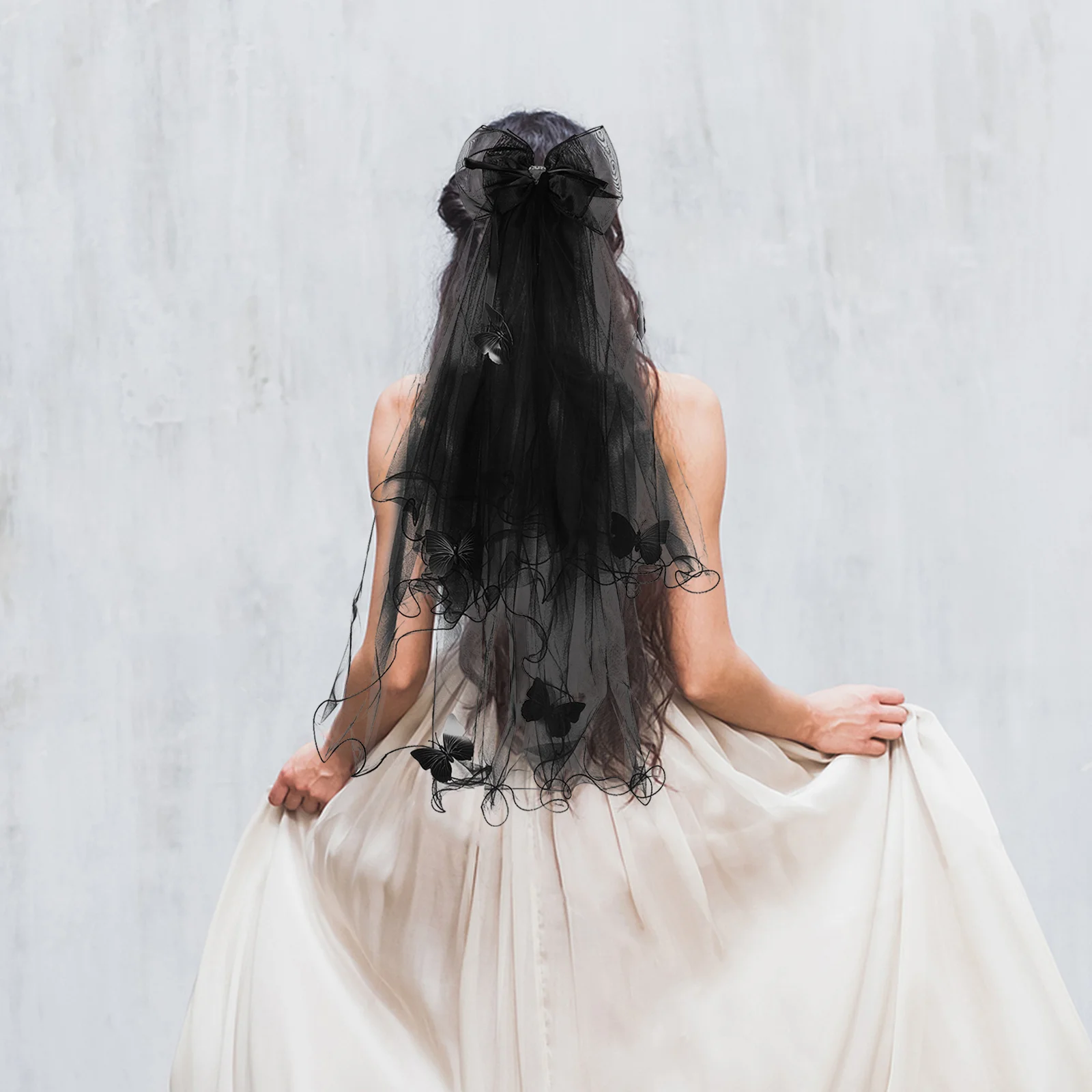 حجاب على شكل فراشة سوداء لتزيين الهالوين للنساء زي العروس القوطي مع حجاب زفاف قصير شبكي ومشبك على شكل فيونكة لمصاصي الدماء #2