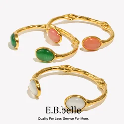 E.B.belle Oval Natural Stone Open Irregular Green Agate Crystal Bracelet 18K Gold Plated Stainless Steel Bracelets for Women