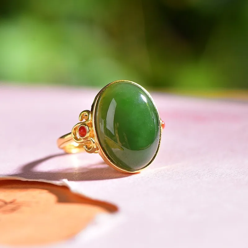 S925 Silver Hetian Jade And Cabochon Paired With A Red Agate Ring, Vintage Inlaid Antique-Style Women