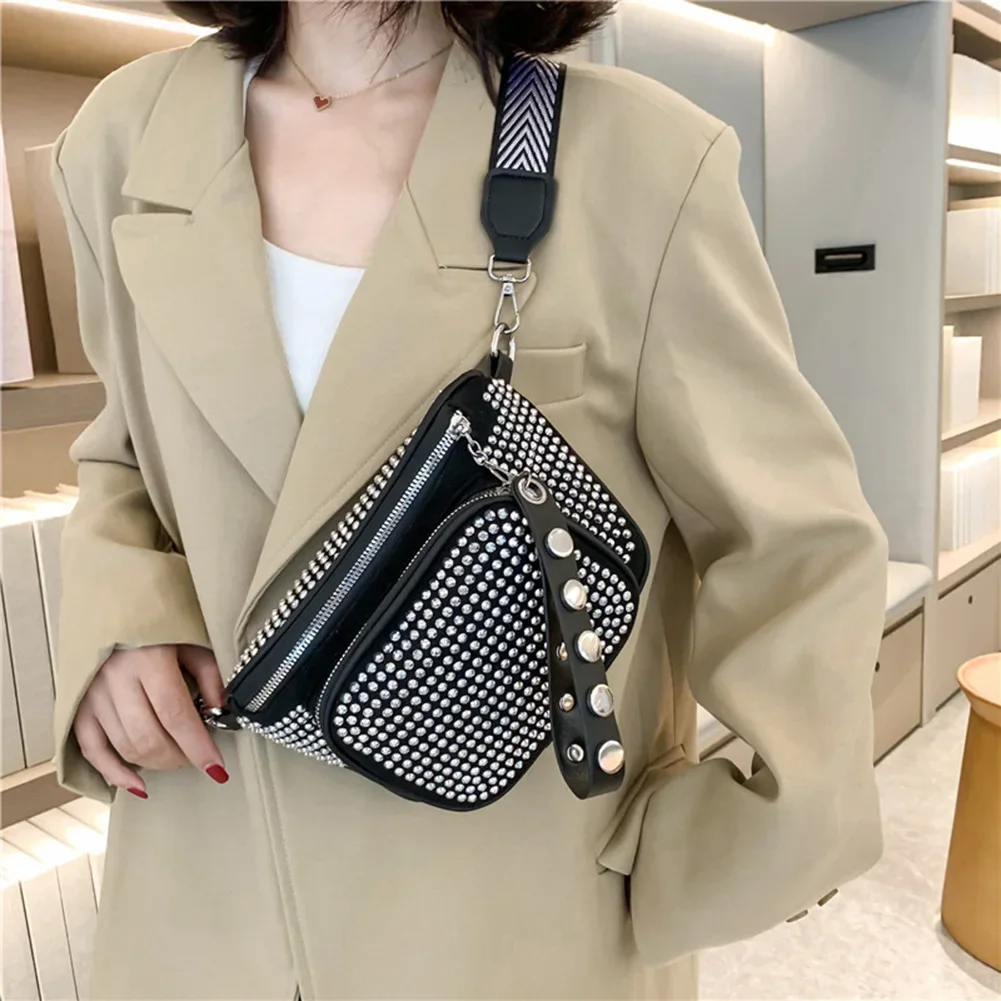 Fashion Exquisite Rhinestone Waist Belt Bag Women Chest Pack Shoulder Simple Crossbody Bag PU Leather Bling Fanny Duarable Pack